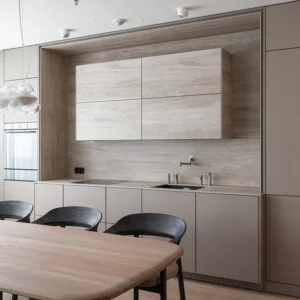 Modern Wooden Kitchen Cabinet with Wood Material Acrylic Surface Treatment Door Panel Hinge Accessories 3D Interior Design