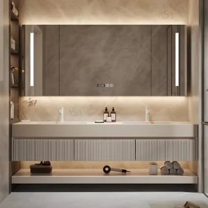 Hotel Vanity Villa High-End Light Luxury Large Wall-Mounted Bathroom Vanity Cabinet with Bath Mirrors Solid Wood Carcase Marble