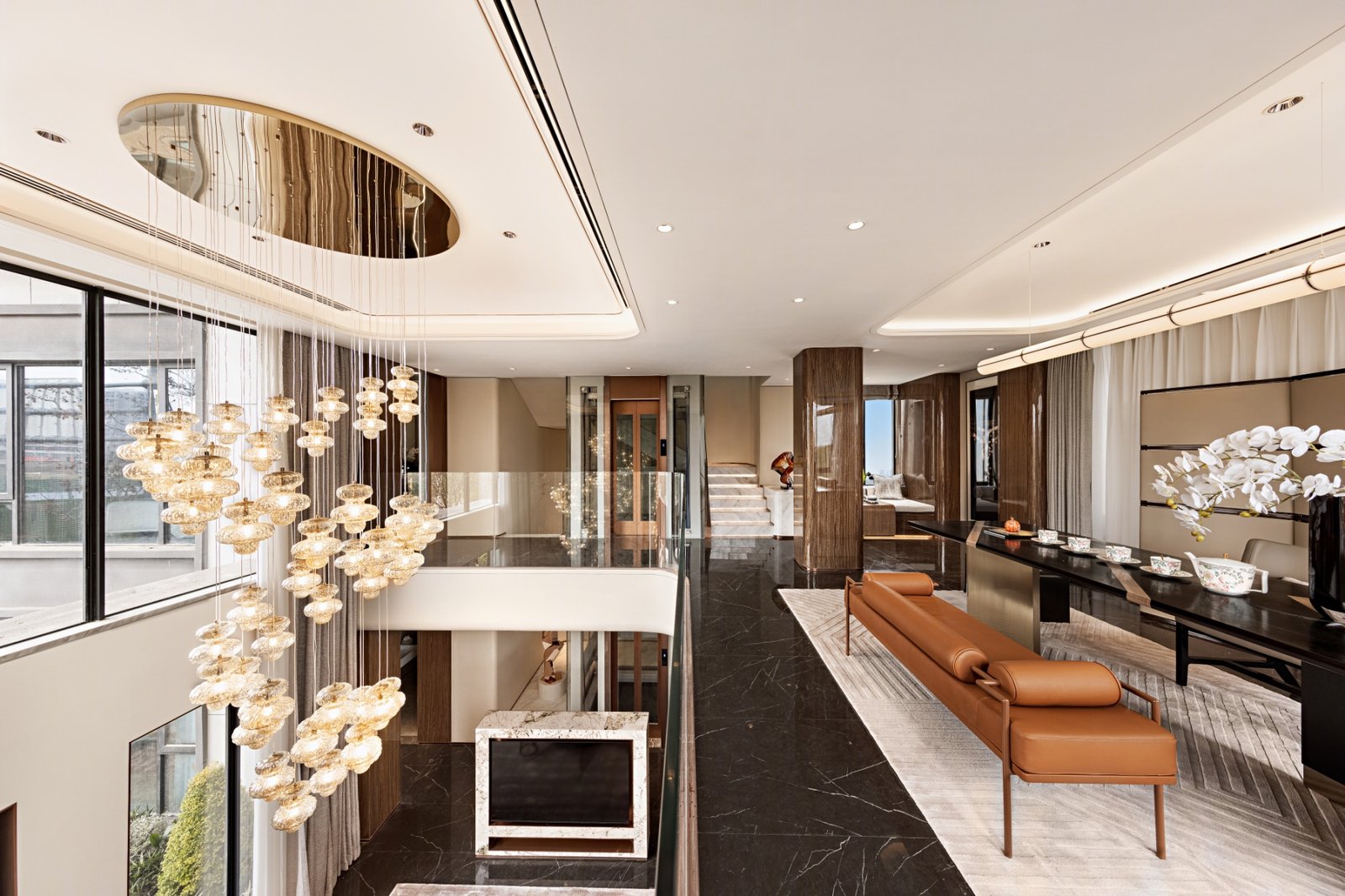 Villa Design Kitchen Cabinet Design Interior Design of High-Volume Villas Log Veneer Skeleton Line Hanging Cabinet Living Room - Image 5