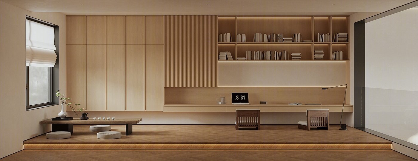 Villa Design Kitchen Cabinet Design Interior Design of High-Volume Villas Log Veneer Skeleton Line Hanging Cabinet Living Room - Image 5