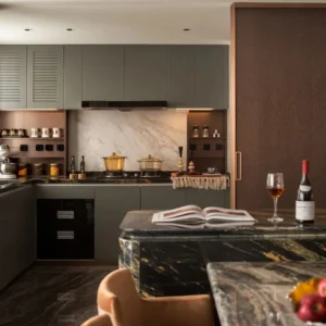 High Gloss Lacquer Kitchen Cabinet Modern European Style MDF Wood Panel Marble Countertop for Villas