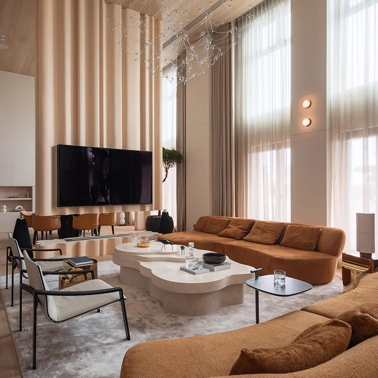 Modern High Quality Four-Seater Minimalist Style Yellow Genuine Leather Living Room Sofa Set for Villa Apartment - Image 2