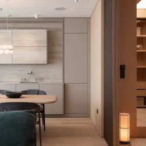 Modern Wooden Kitchen Cabinet Acrylic Surface Treatment 3D Interior Design for Apartment Use Includes Door Panel