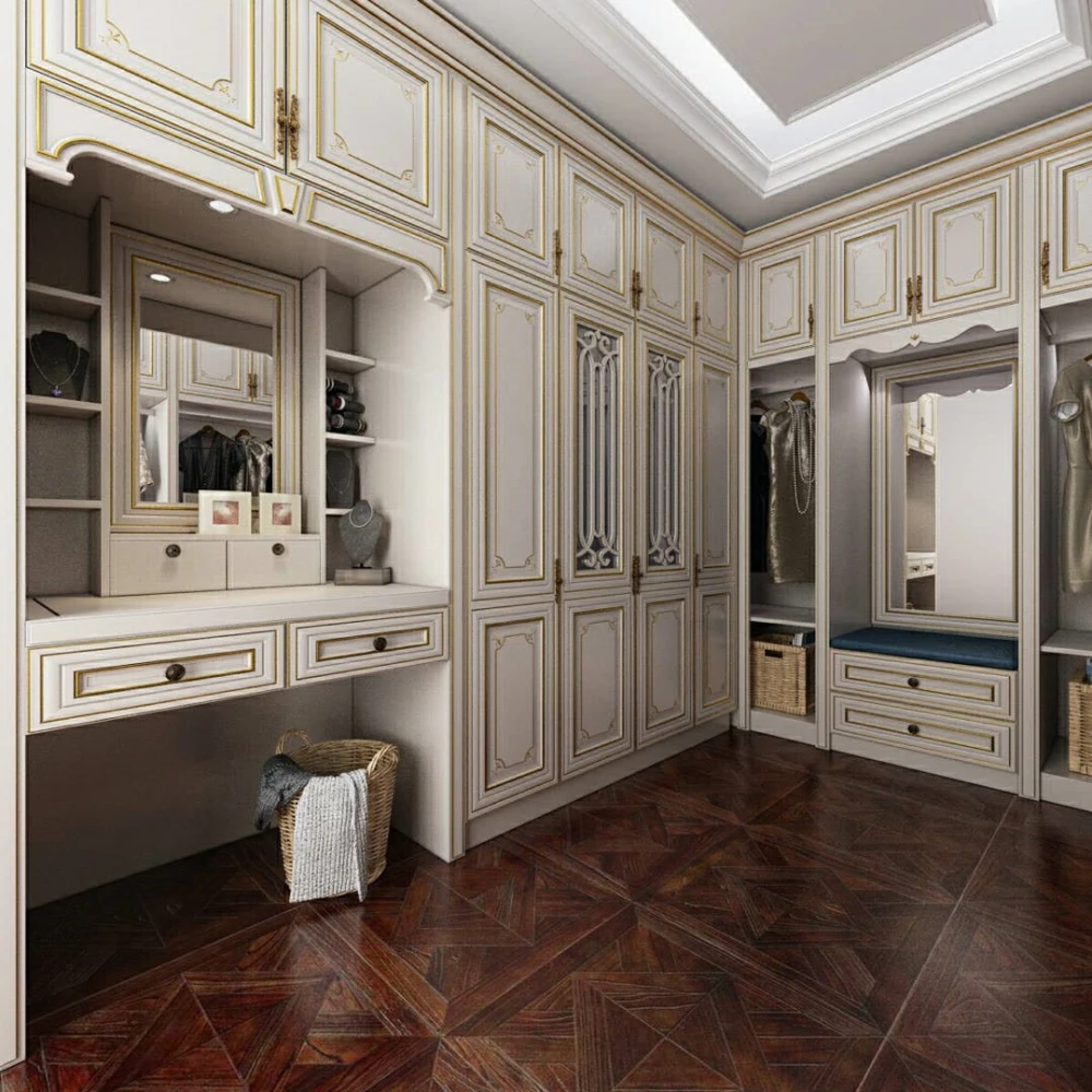 Solid Wood and Glass Walk-In Closet Organizer Single-Wide Wooden Mirror for Clothes Elegant Wardrobe - Image 2