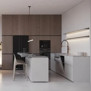 Dark Wood Grain Natural Marble Minimalist Modern Wood Veneer Kitchen Cabinet Villa with 3D Model Online Built-in Refrigerator