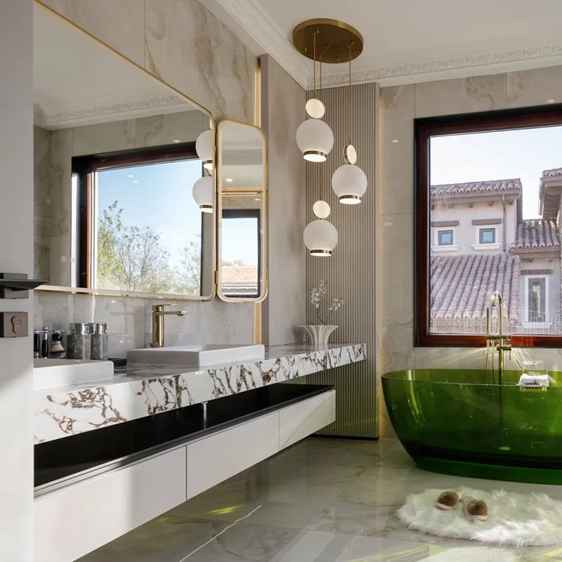 Luxury Custom Kitchen Cabinets White Marble Wood Grain Style with Integrated Island Storage for Villa Apartments - Image 4