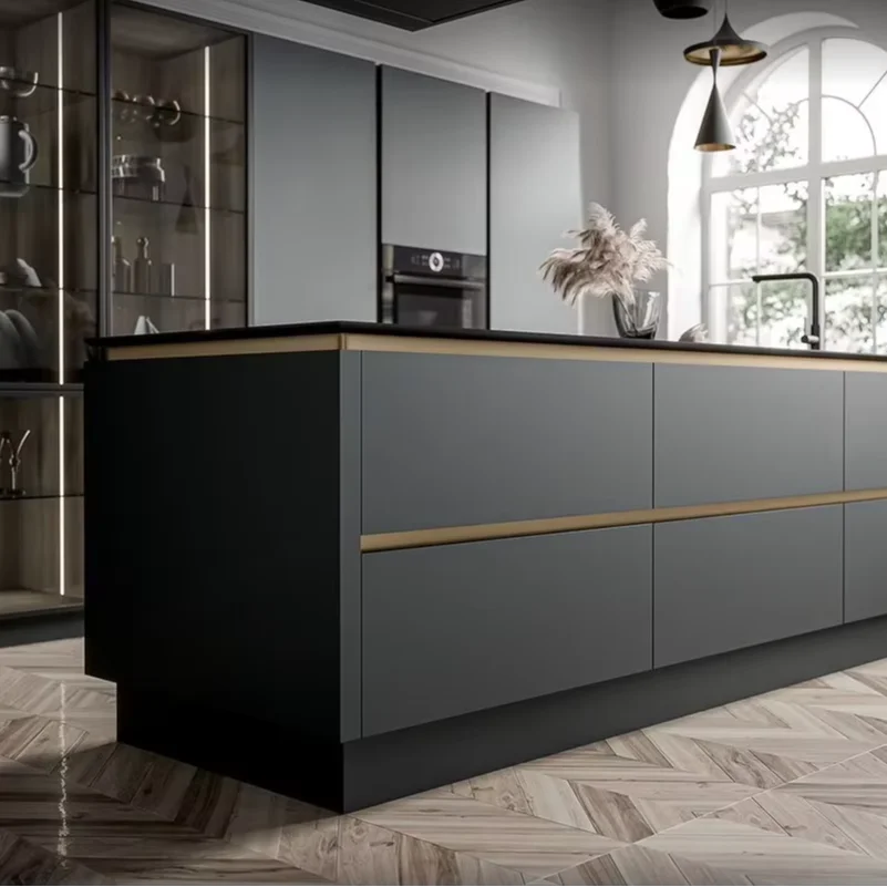 Custom Designed Modern Kitchen Cabinets with Aluminium Handle Stainless Steel Features Plywood Construction - Image 2