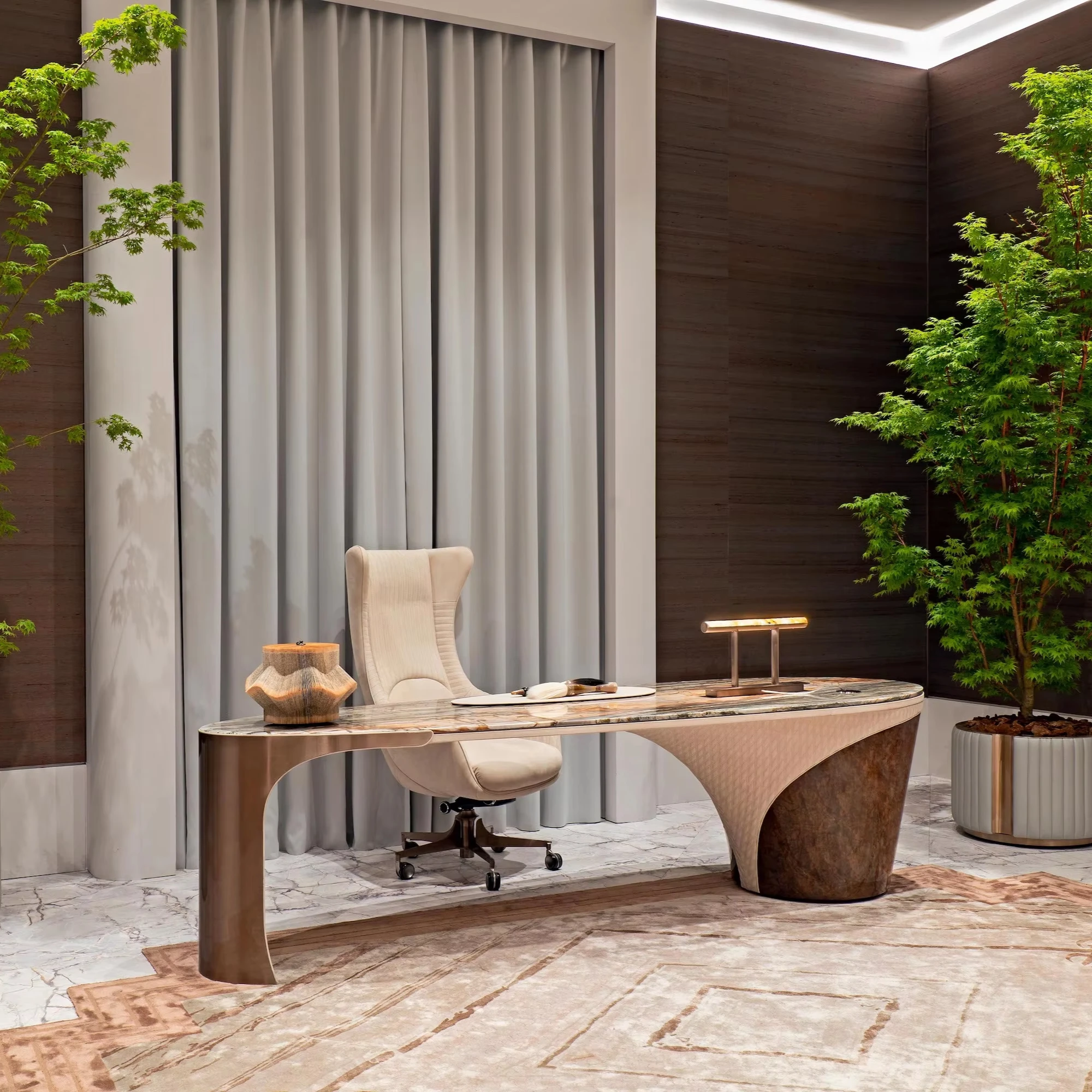 Italian Modern Home Office Furniture Marble Top Computer Table Stainless Steel and Wood Panel for Office Building and Villas