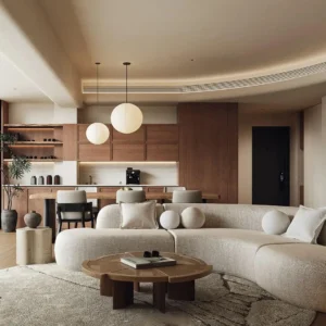 Japanese Scandinavian Minimalist Modern Walnut Color Wood Veneer Kitchen Cabinet for Villa Dark Walnut Skeletal Lines Kitchen