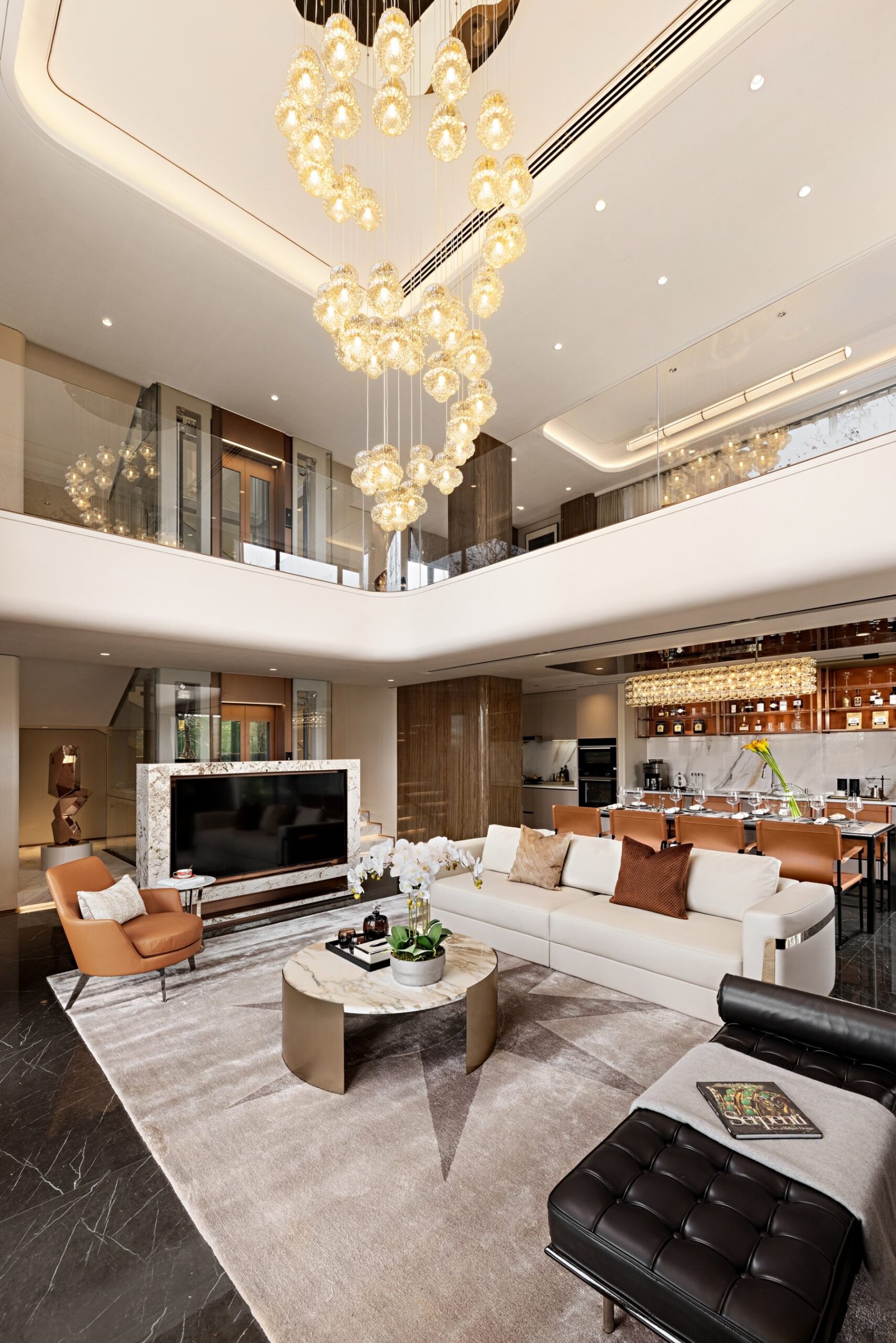 Villa Design Kitchen Cabinet Design Interior Design of High-Volume Villas Log Veneer Skeleton Line Hanging Cabinet Living Room - Image 8