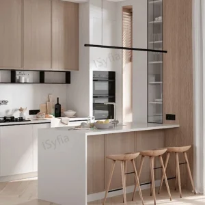 Modern Kitchen Island with Travertine & Wood Marble/Granite Countertop Breakfast Bar Stool Set Restaurant Villa Kitchen Cabinet