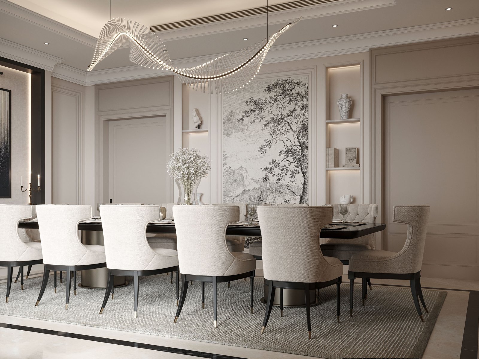 Villa Design Kitchen Cabinet Design Interior Design of High-Volume Villas Sofa Dining Table Chair Hanging Cabinet Living Room - Image 5