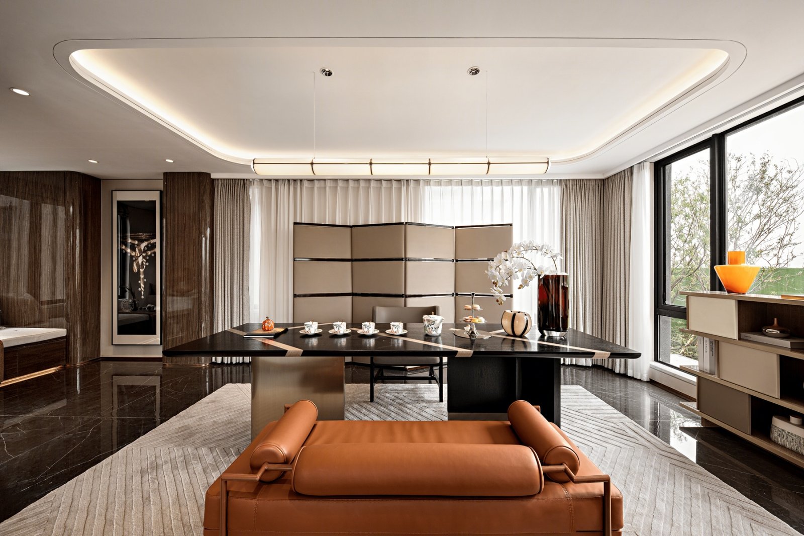 Villa Design Kitchen Cabinet Design Interior Design of High-Volume Villas Log Veneer Skeleton Line Hanging Cabinet Living Room - Image 14