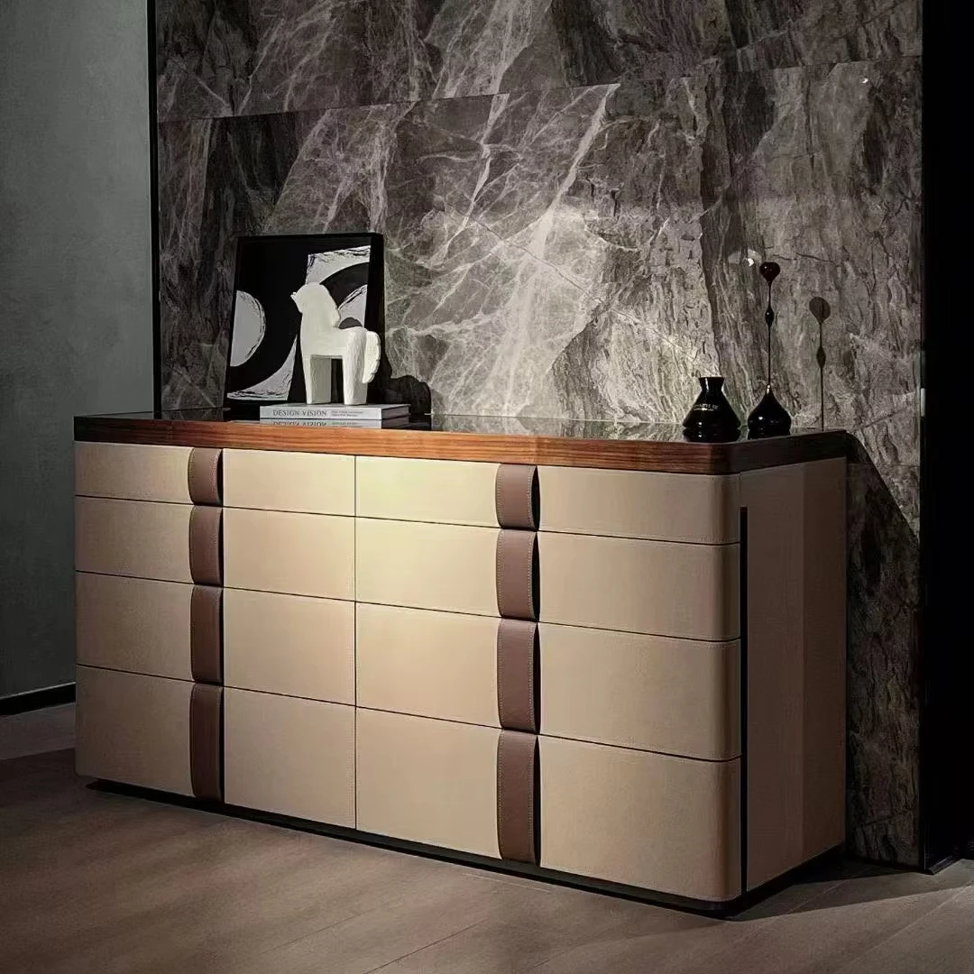 Italian High-End Console Cabinet Eight-Bucket Jewelry Table for Luxury Modern Bedroom Stainless Steel and Wood Home Furniture - Image 4