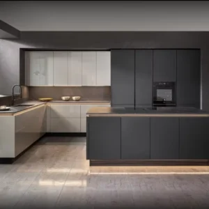 Custom Designed Modern Kitchen Cabinets with Aluminium Handle Stainless Steel Features Plywood Construction