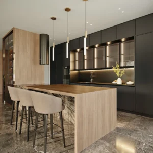 Villa Custom Designed Modern Kitchen Cabinets Skeleton Line Styled Door Dark-toned Kitchen Solid Wood Veneer Island Glass Door