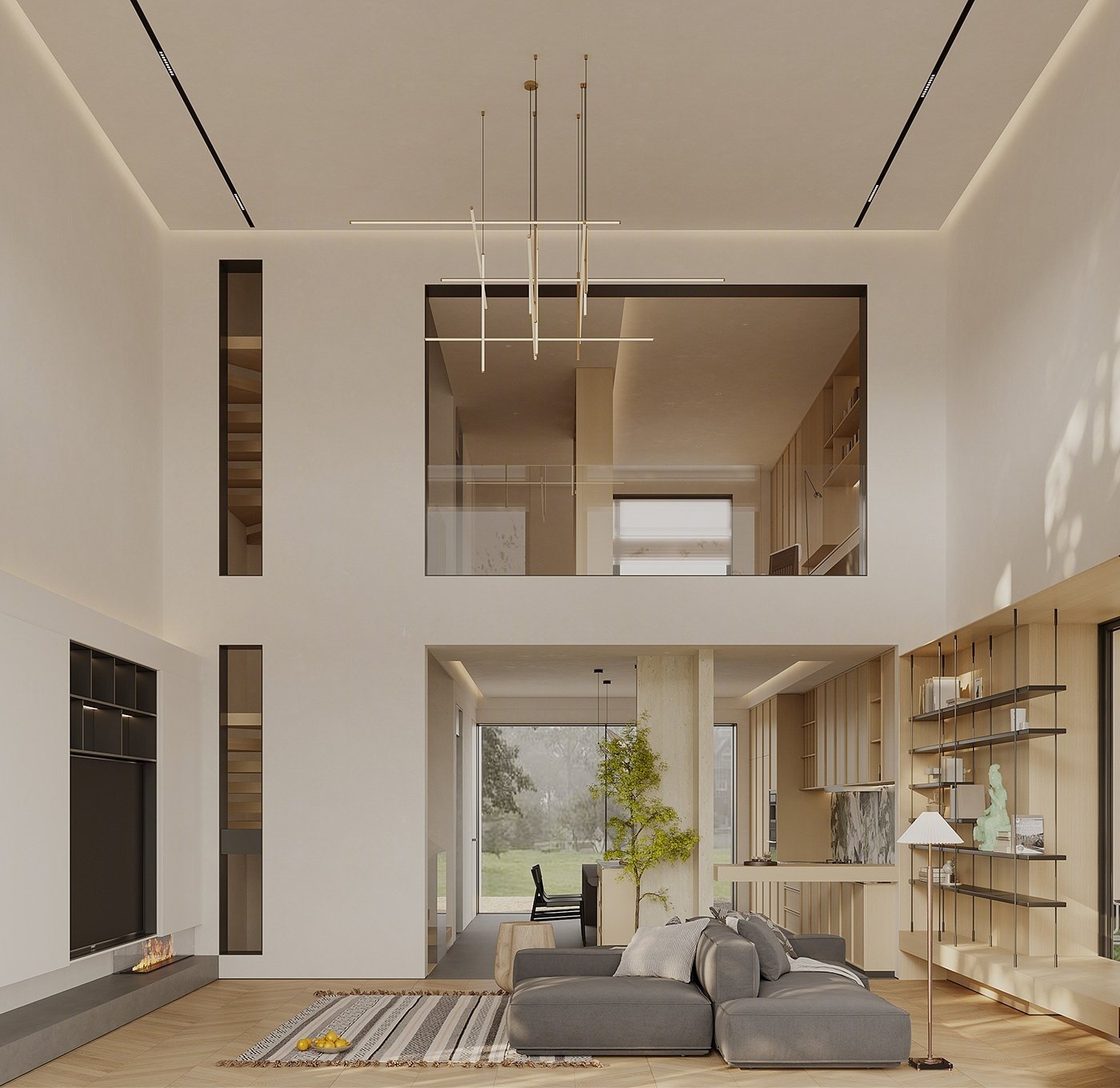 Villa Design Kitchen Cabinet Design Interior Design of High-Volume Villas Log Veneer Skeleton Line Hanging Cabinet Living Room - Image 10