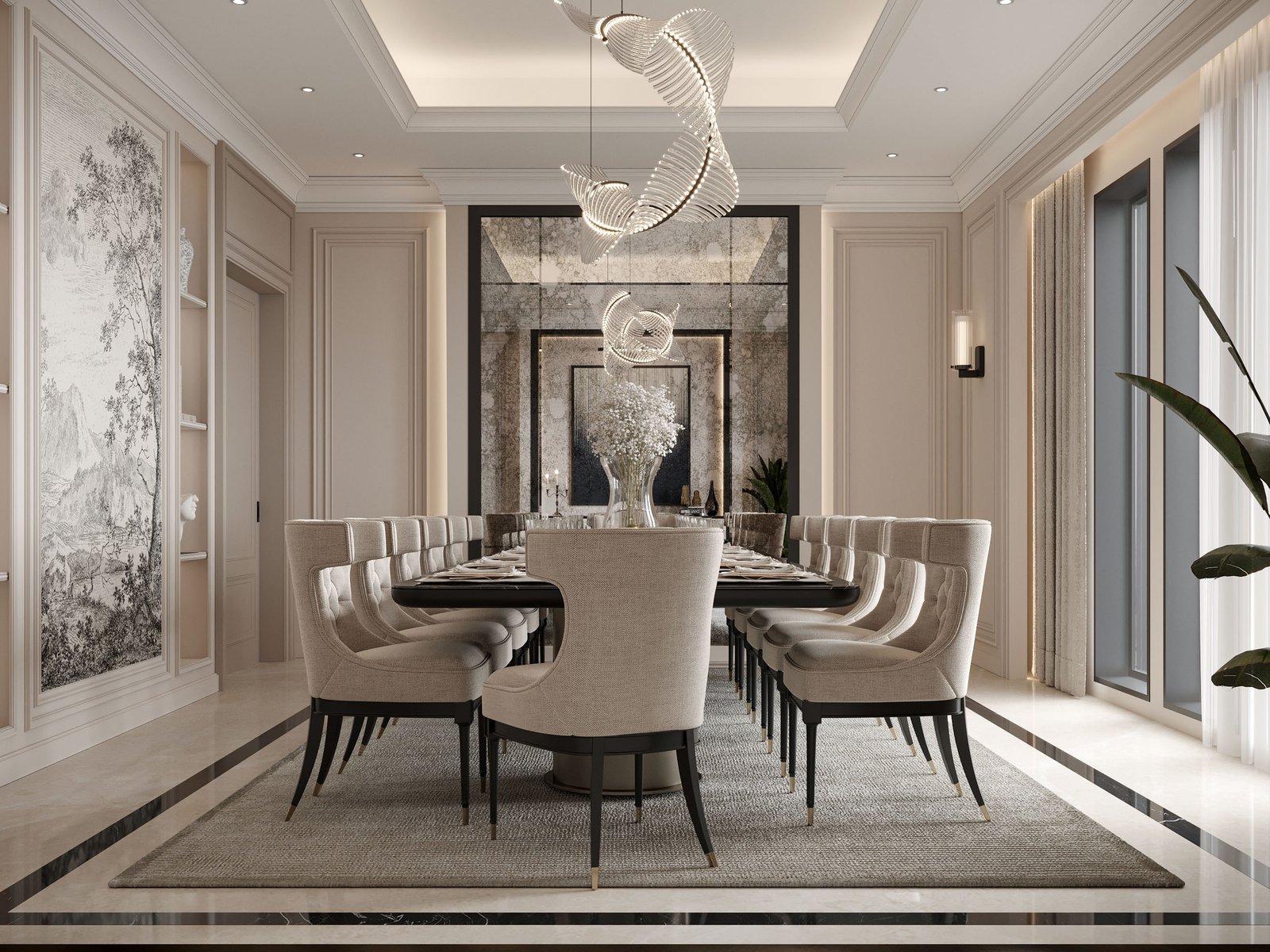 Villa Design Kitchen Cabinet Design Interior Design of High-Volume Villas Sofa Dining Table Chair Hanging Cabinet Living Room - Image 4