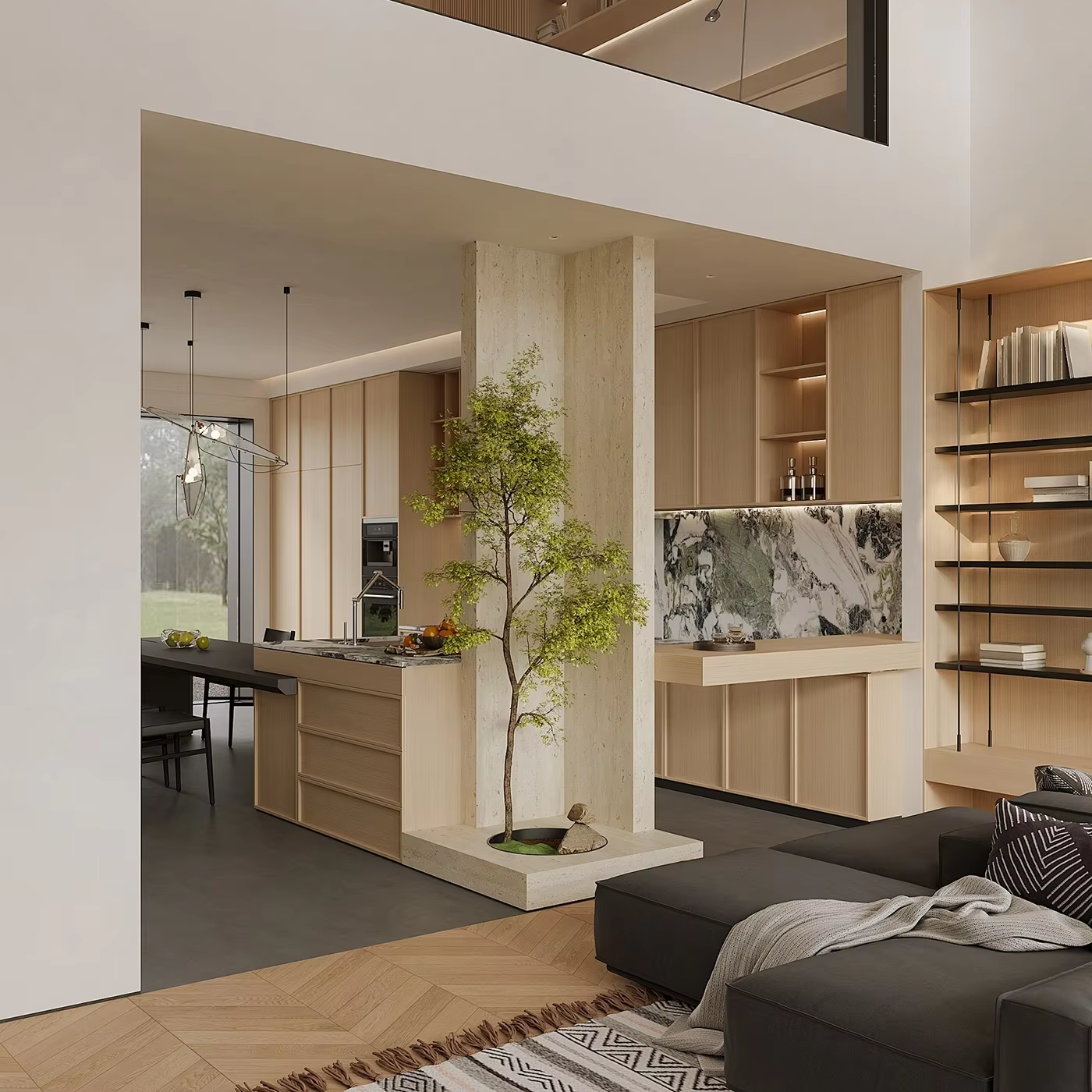 Villa Design Kitchen Cabinet Design Interior Design of High-Volume Villas Log Veneer Skeleton Line Hanging Cabinet Living Room