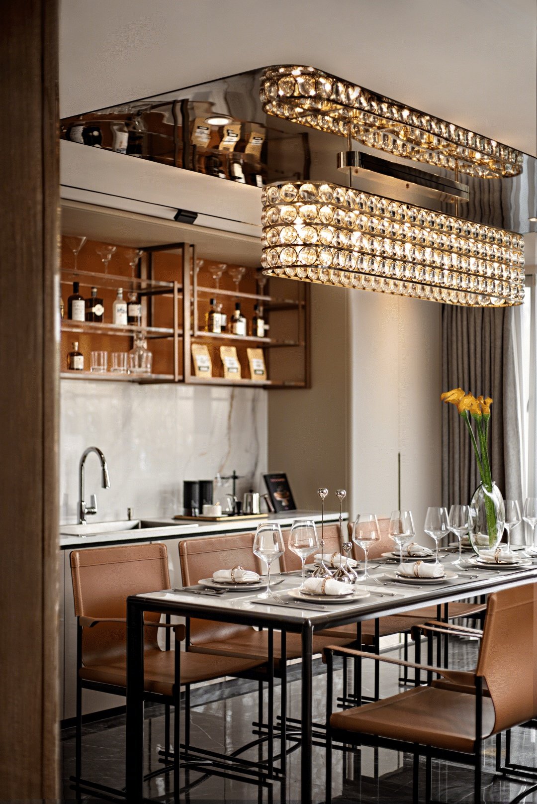 Villa Design Kitchen Cabinet Design Interior Design of High-Volume Villas Log Veneer Skeleton Line Hanging Cabinet Living Room - Image 7