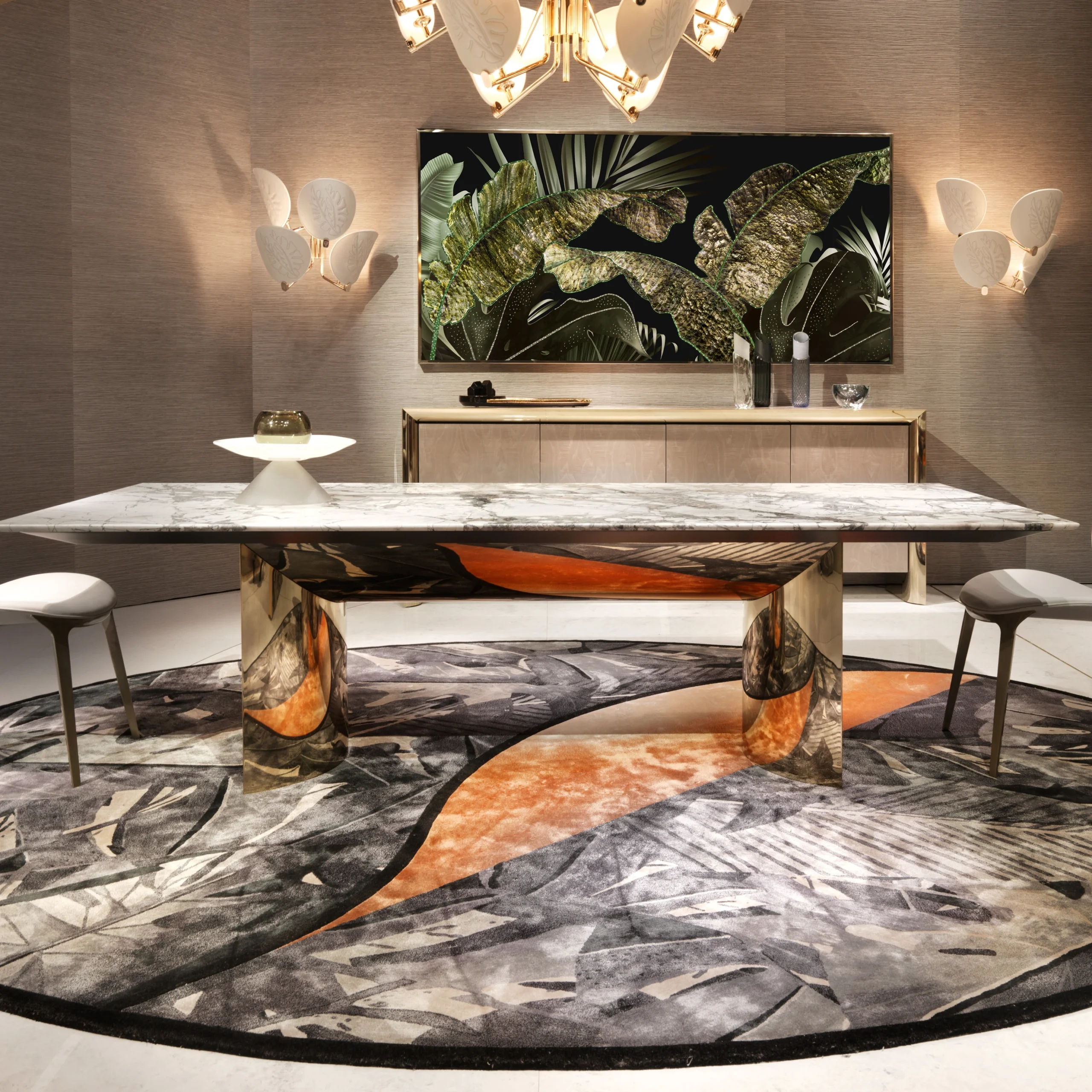 Modern Customizable Royal Marble Table with Adjustable Base 10 Seater Chairs Antique Dining Set for Home or Hotel Use