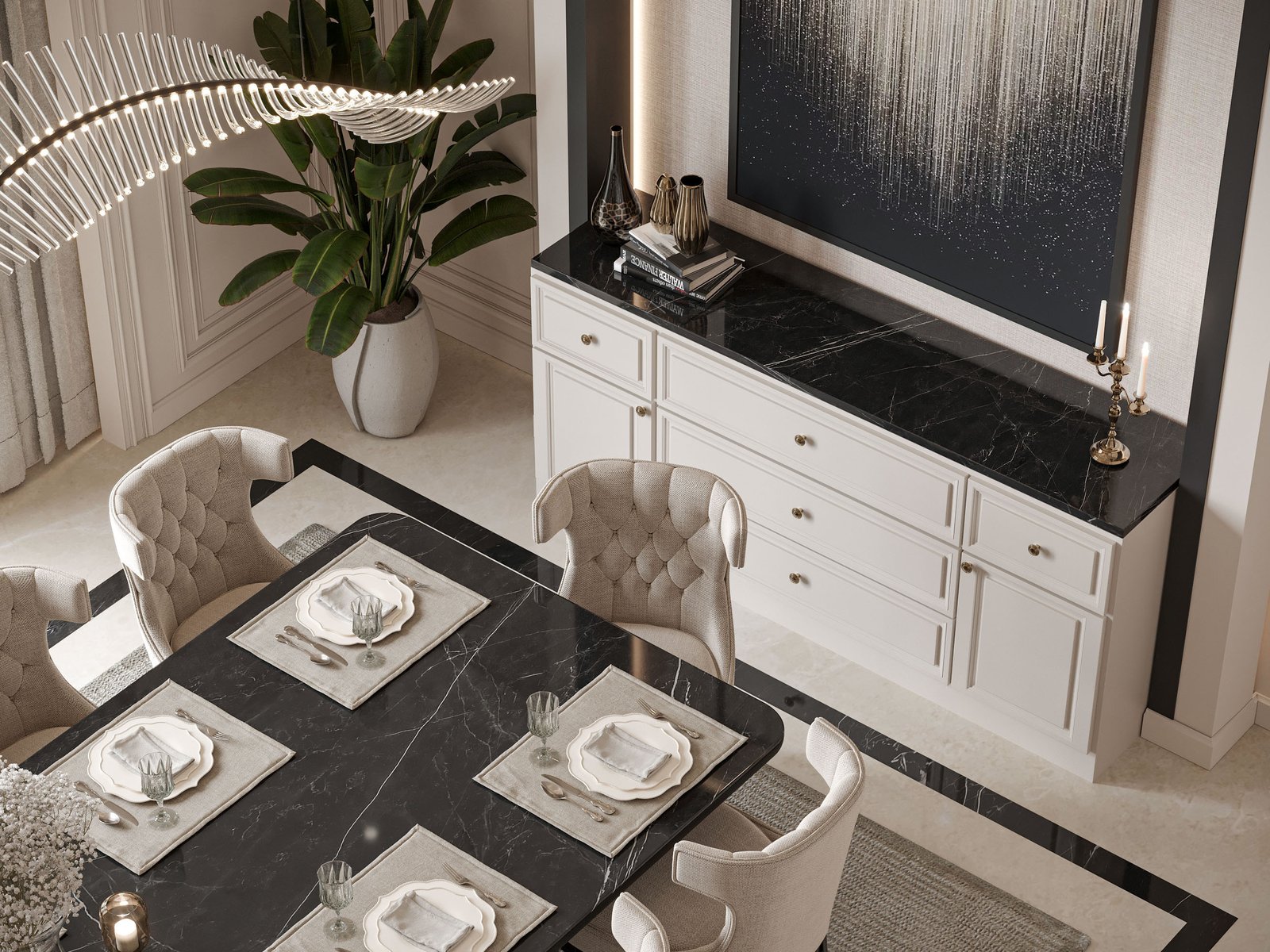 Villa Design Kitchen Cabinet Design Interior Design of High-Volume Villas Sofa Dining Table Chair Hanging Cabinet Living Room - Image 6