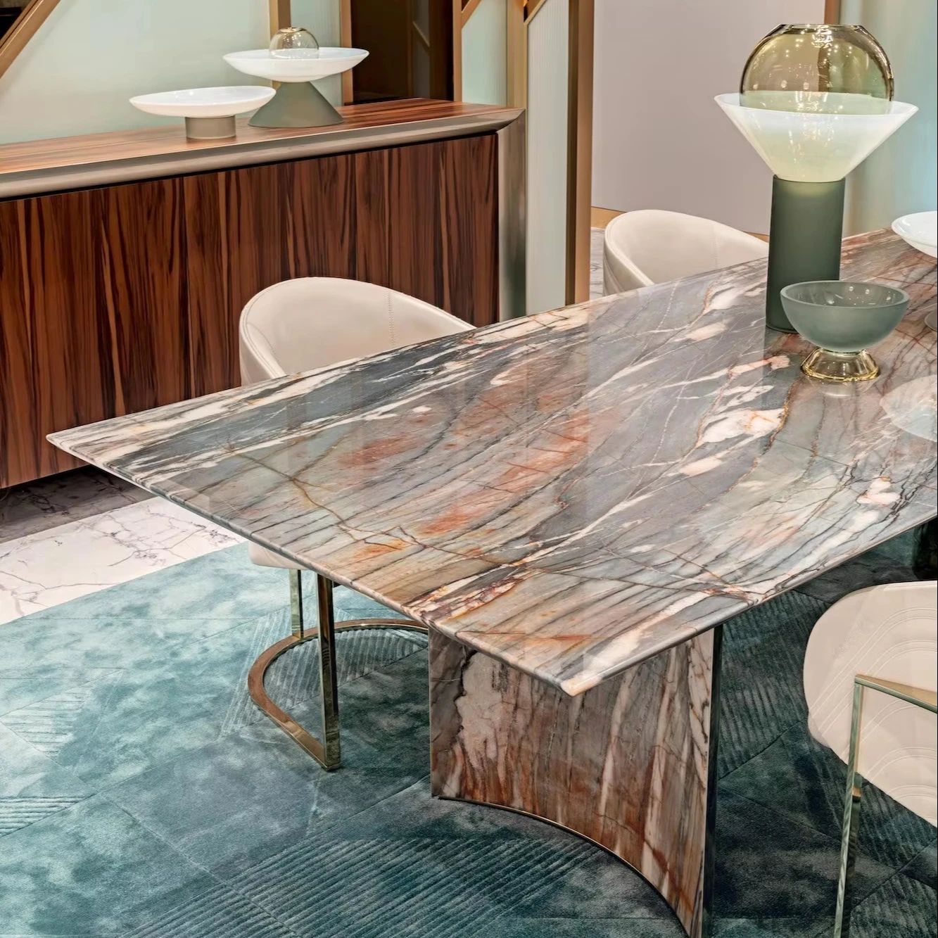 Modern Customizable Royal Marble Table with Adjustable Base 10 Seater Chairs Antique Dining Set for Home or Hotel Use - Image 2