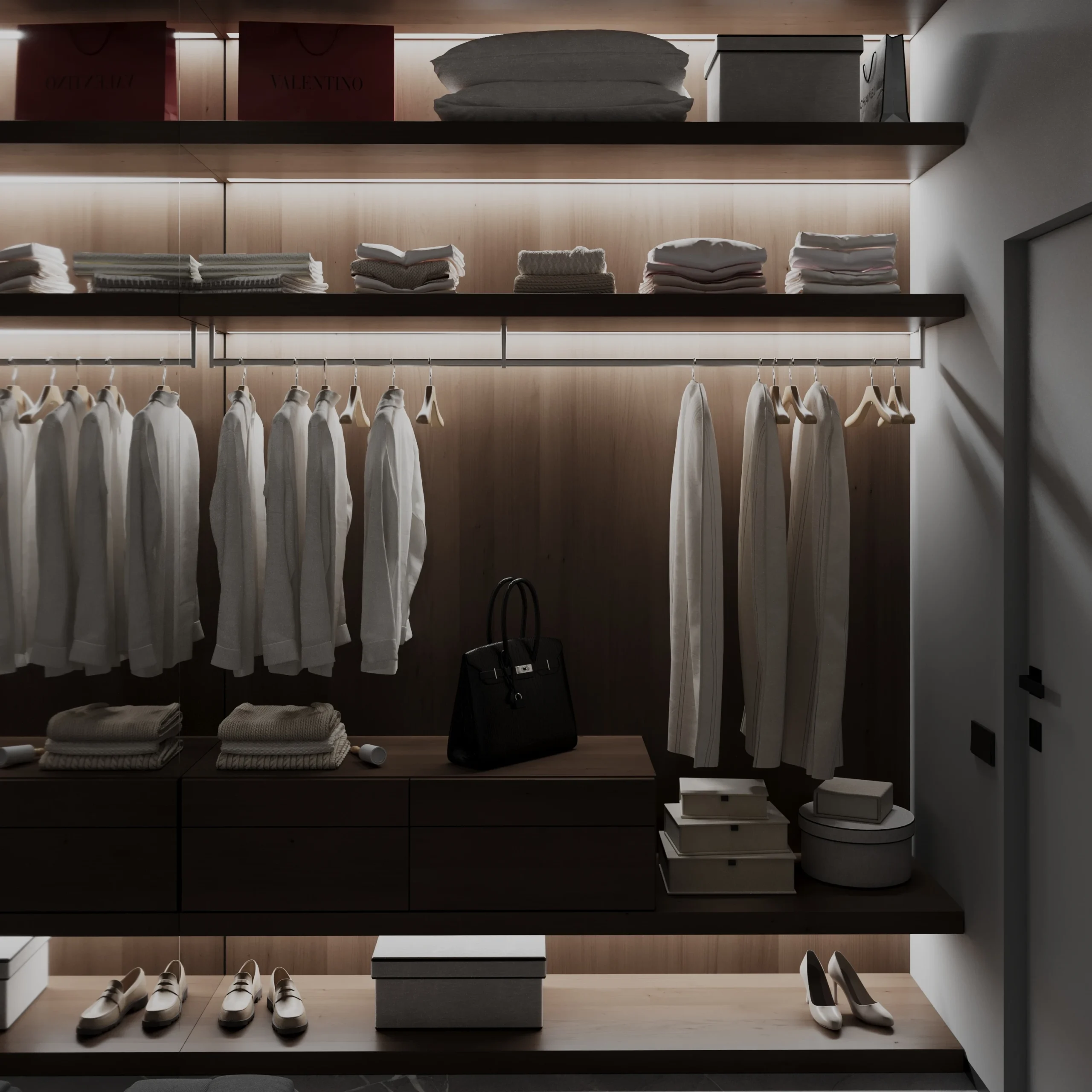 Villa Closet Minimalist Wall-Mounted Closet System Apartment Walnut Color Solid Wood Wall-Mounted Wardrobe System Walk in Closet