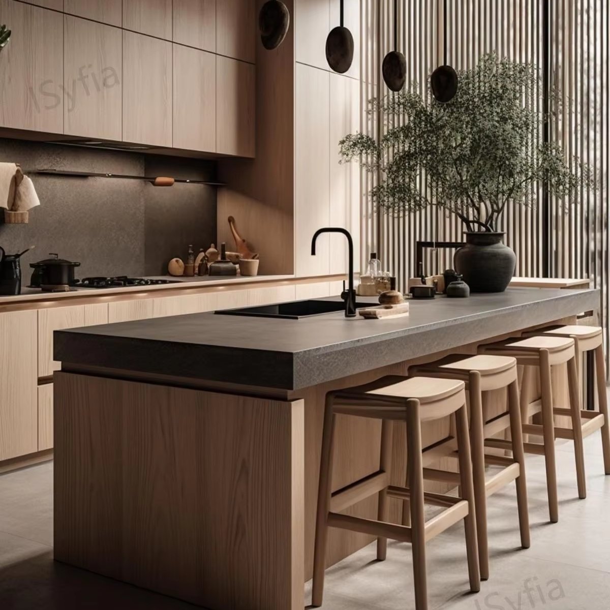 Modern Breakfast Bar Set Travertine Wood Marble/Granite Countertop Melamine Board Restaurant Skin-friendly Surface Villa Kitchen