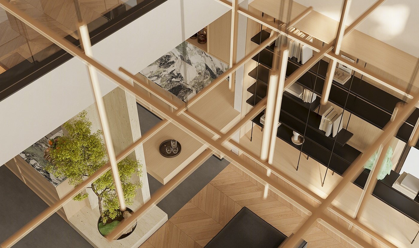 Villa Design Kitchen Cabinet Design Interior Design of High-Volume Villas Log Veneer Skeleton Line Hanging Cabinet Living Room - Image 14