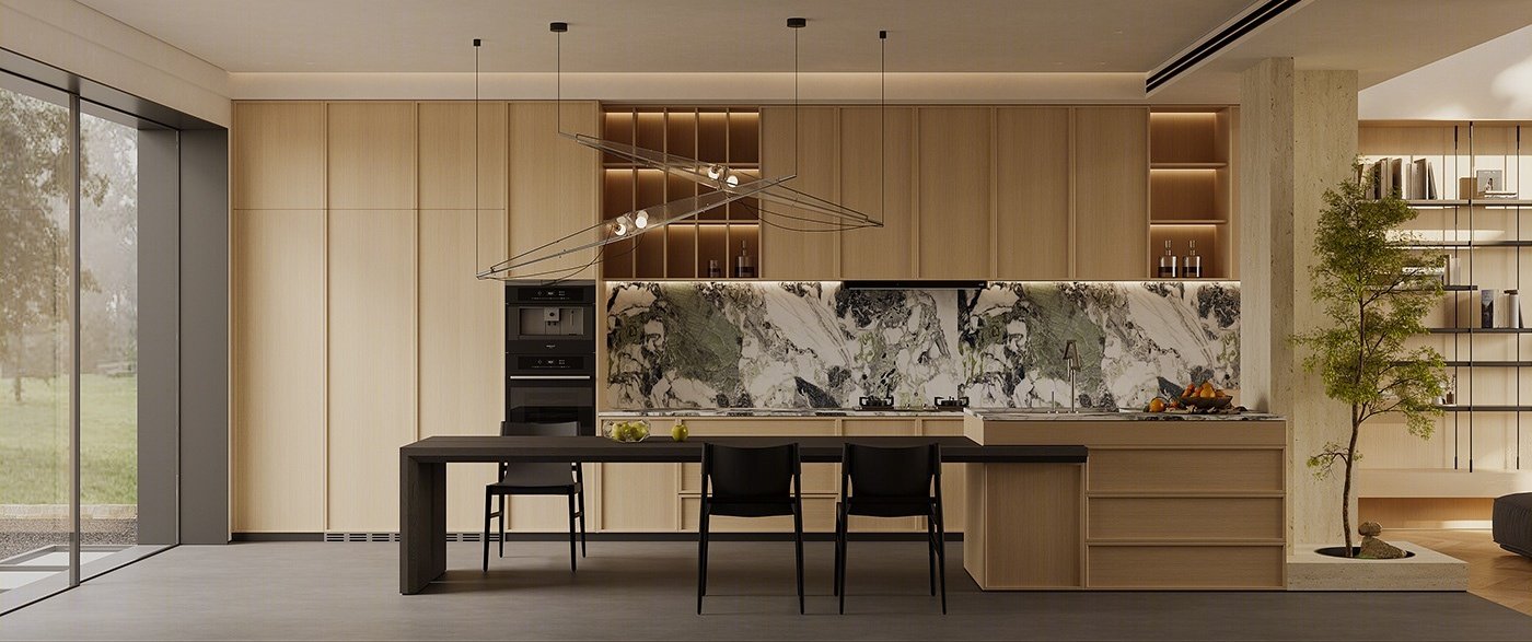 Villa Design Kitchen Cabinet Design Interior Design of High-Volume Villas Log Veneer Skeleton Line Hanging Cabinet Living Room - Image 4