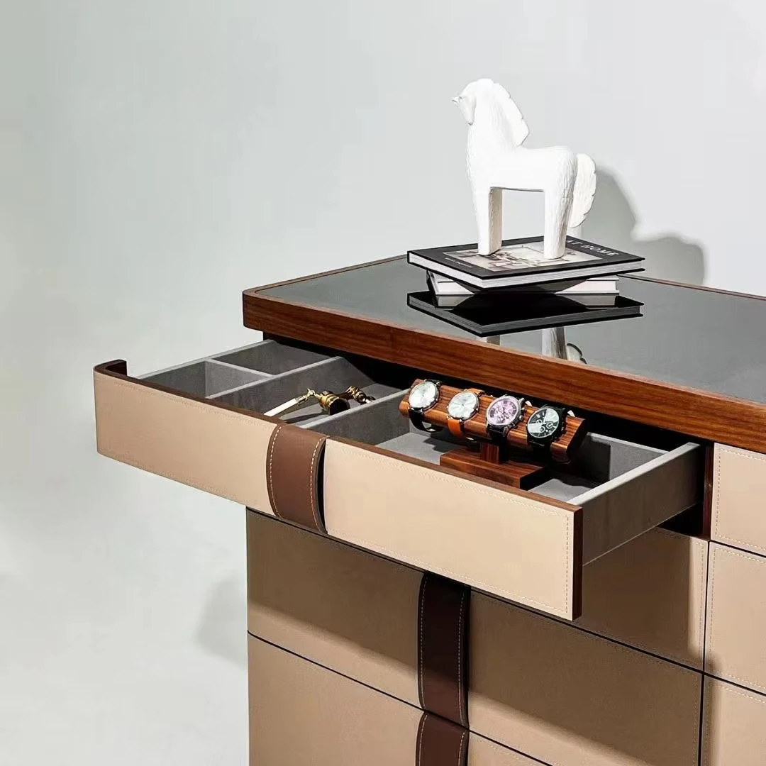 Italian High-End Console Cabinet Eight-Bucket Jewelry Table for Luxury Modern Bedroom Stainless Steel and Wood Home Furniture - Image 5