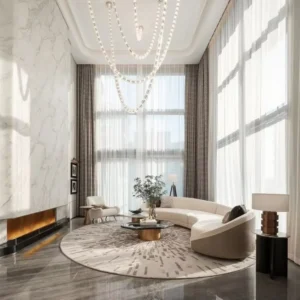 Villa Design Kitchen Cabinet Design Interior Design of High-Volume Villas  Log Veneer Skeleton Line Hanging Cabinet Living Room