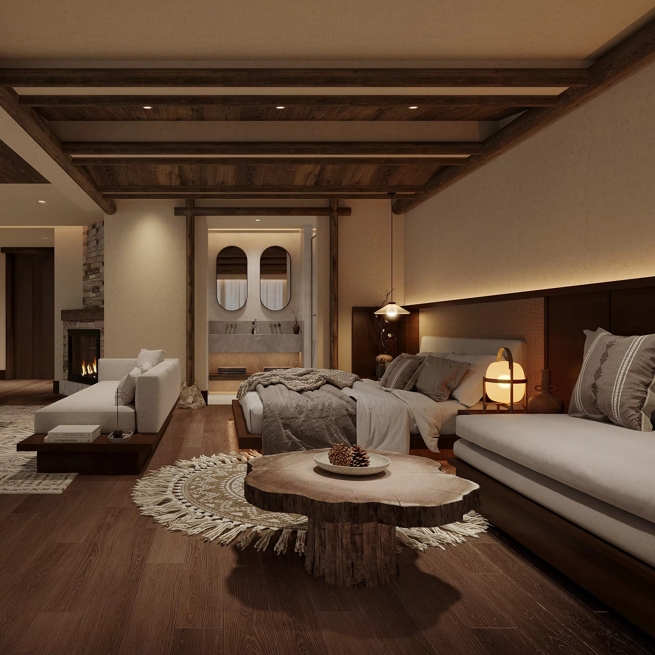 Wabi-Sabi-Style Homestay and Hotel Design Featuring Log Wood Minimalism and Warm Color Tones Custom Furniture