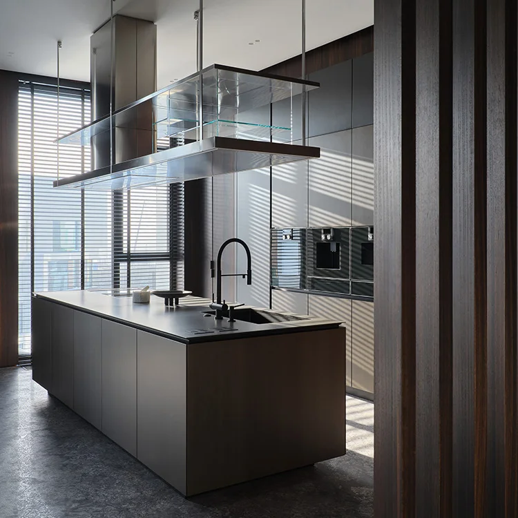 Modern Mminimalism Design Brown Acrylic Kitchen Wall Cabinet Two Tone Texture Wood Grain Complete Set Apartment Villa - Image 5