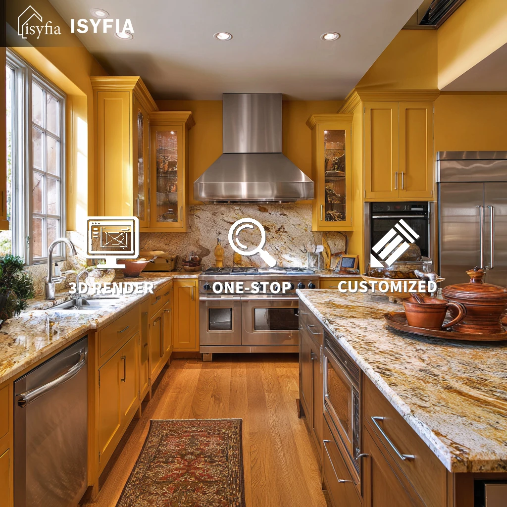 Customizable Yellow Solid Wood Kitchen Cabinets for Luxury Kitchen Renovation Villa Apartment Furniture