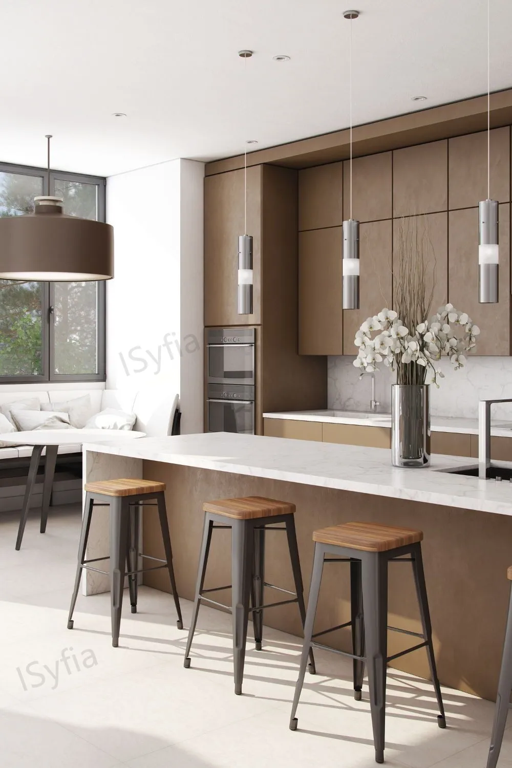 Modern Granite Kitchen Island Breakfast Bar Set Travertine Wood Marble Countertop Restaurant Villa Melamine Kitchen Cabinet - Image 2