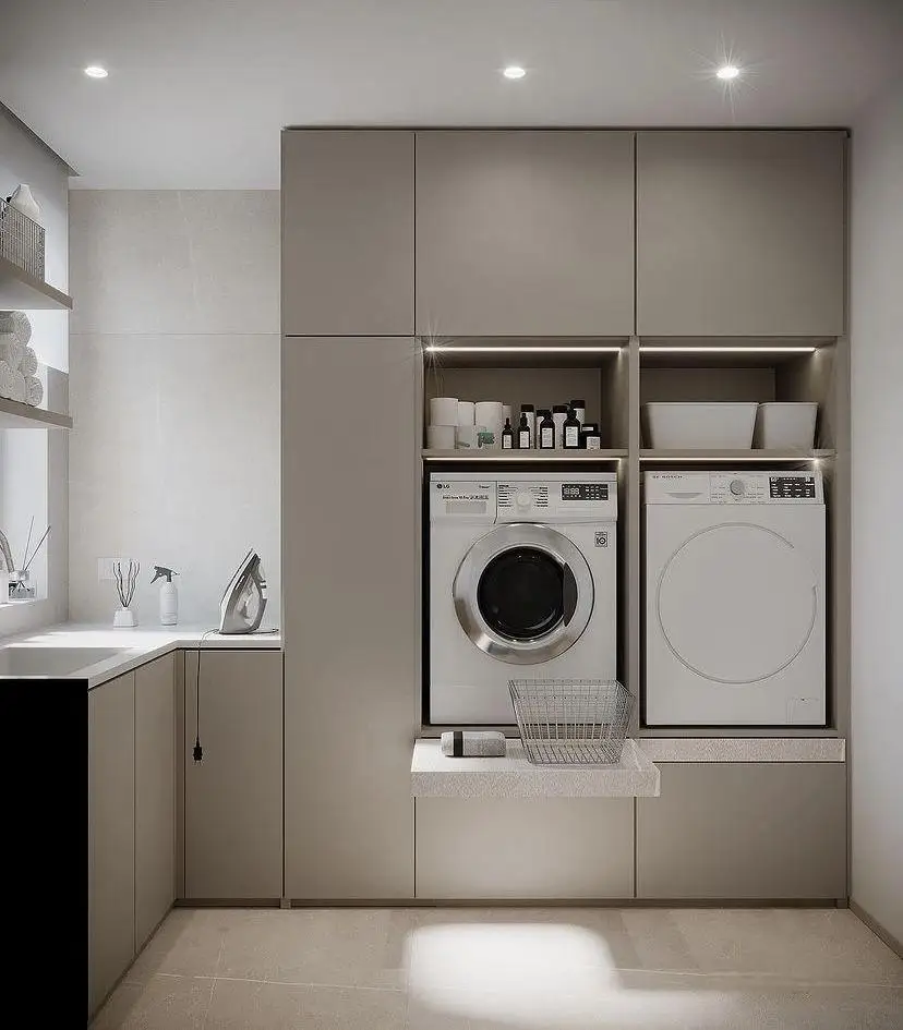 Hotel Laundry Room Built-in Washing Machine Apartment Laundry Cabinet with Drawer Custom Storage Cabinet Laundry Room with Sink - Image 9