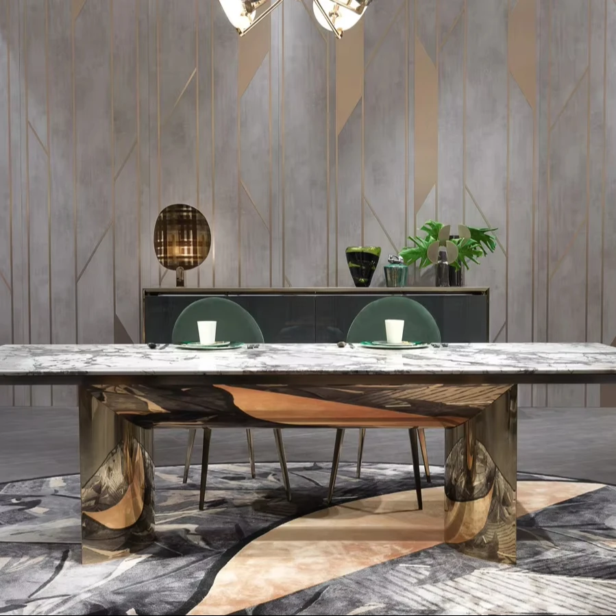 Modern Rectangular Marble Table Extendable Stainless Steels Chairs for Dining for Hotel Outdoor 6-Seater Room Set Tables Chairs - Image 4