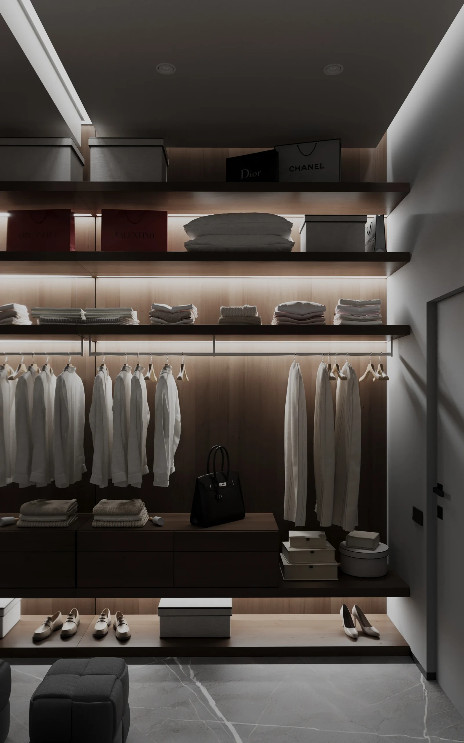 Villa Closet Minimalist Wall-Mounted Closet System Apartment Walnut Color Solid Wood Wall-Mounted Wardrobe System Walk in Closet - Image 7