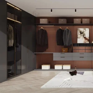 Modern Luxury Custom L-Shape Walk-In LED Light Wardrobe Solid Wood Door New Popular Closet Storage Cabinets for Bedroom