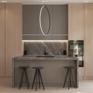 Modern Minimalism Villa Kitchen Cabinet Apartment Modular Cabinets Natural Wood Tone Kitchen Cabinet Electric Lifting Range Hood