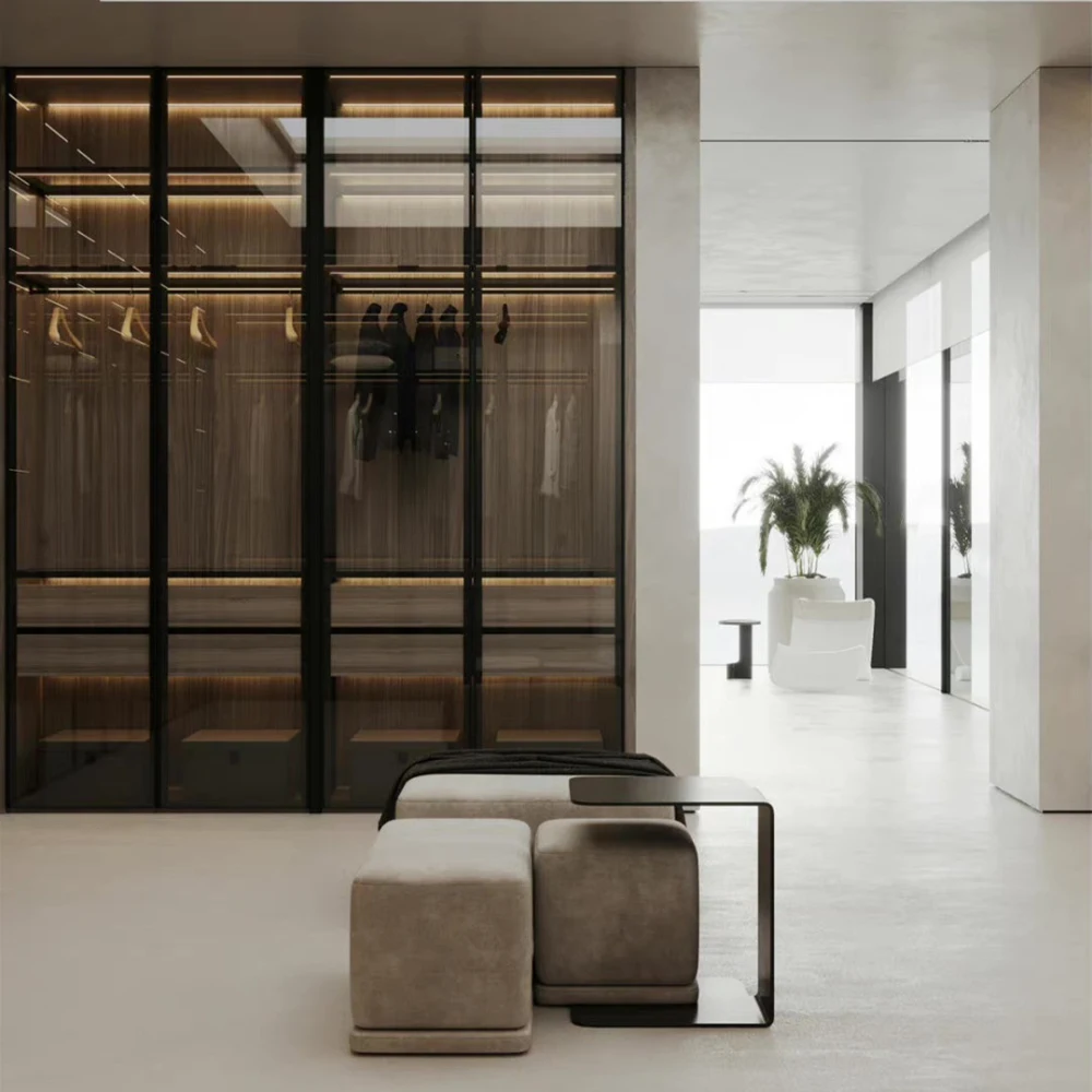 Wooden Portable Wardrobe with Mirror Closet Furniture for Bedroom or Apartment Glass Door - Image 4