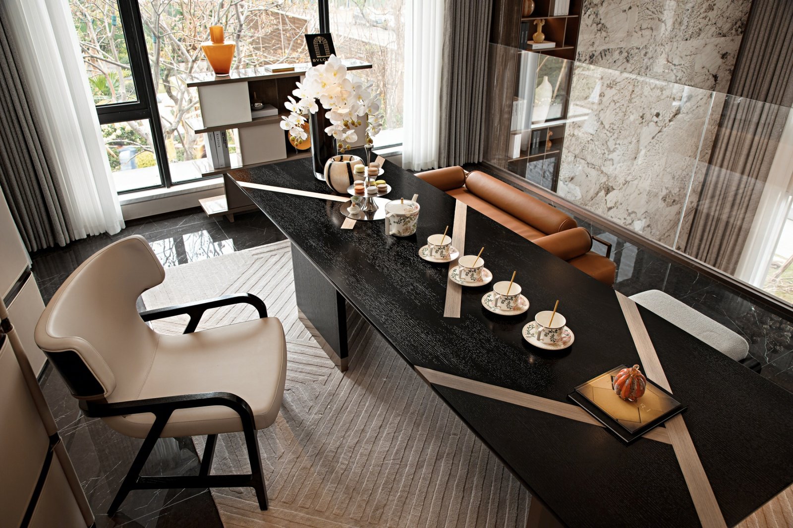 Villa Design Kitchen Cabinet Design Interior Design of High-Volume Villas Log Veneer Skeleton Line Hanging Cabinet Living Room - Image 15