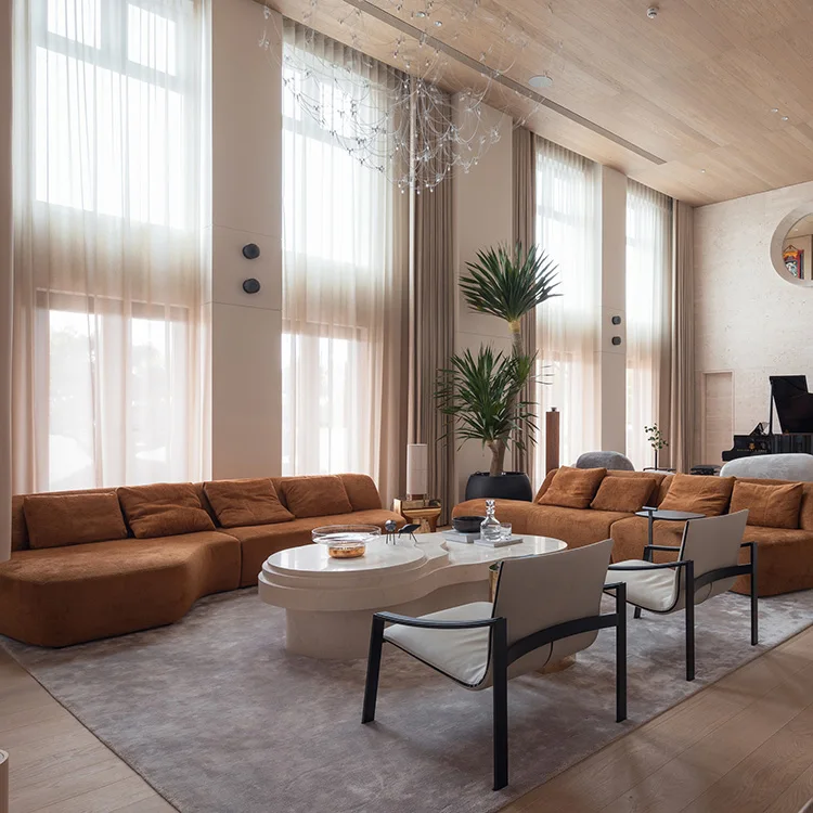 Modern High Quality Four-Seater Minimalist Style Yellow Genuine Leather Living Room Sofa Set for Villa Apartment - Image 5