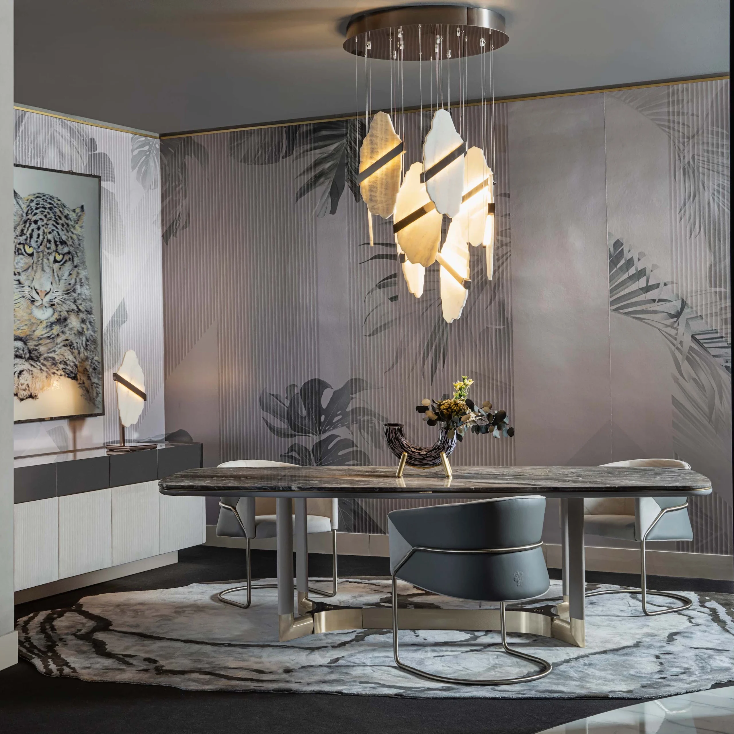 Nordic Modern Luxury 10-Seater Dining Table Set Rectangular Oval Marble Furniture for Home Hotel for 12 People Dining Chairs