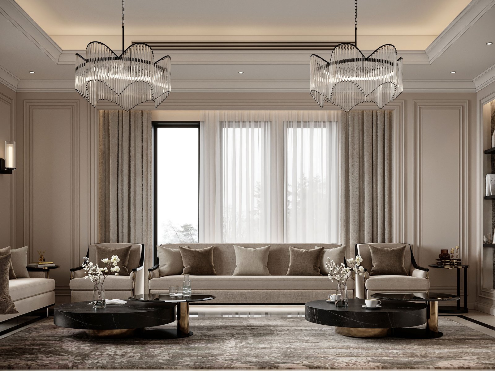 Villa Design Kitchen Cabinet Design Interior Design of High-Volume Villas Sofa Dining Table Chair Hanging Cabinet Living Room - Image 11