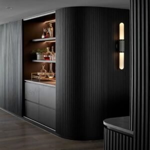 Modern Kitchen Wall Drink Cabinet Wood Grain Prefab House Black Base Melamine Board Stainless Steel Sink for Villa Drawing Room