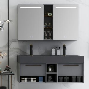 Modern European Design Metal Vanity Cabinet Set Double Sink Bathroom Furniture Luxury Resin Mixer WC Shower Mat Wall Mounted