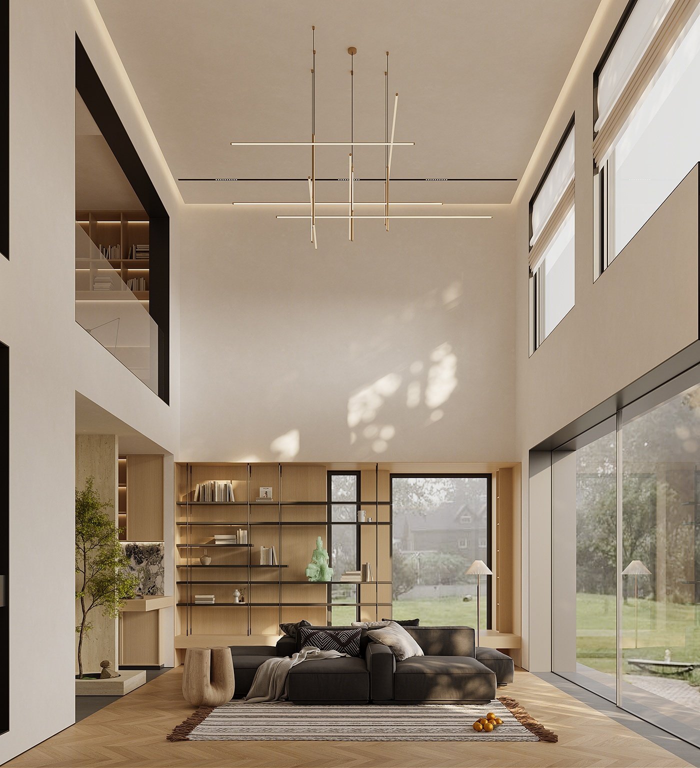 Villa Design Kitchen Cabinet Design Interior Design of High-Volume Villas Log Veneer Skeleton Line Hanging Cabinet Living Room - Image 7